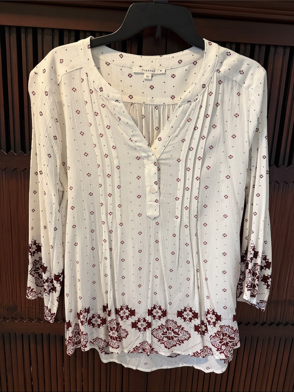 Women’s Cream Henley Tunic with Burgundy Print